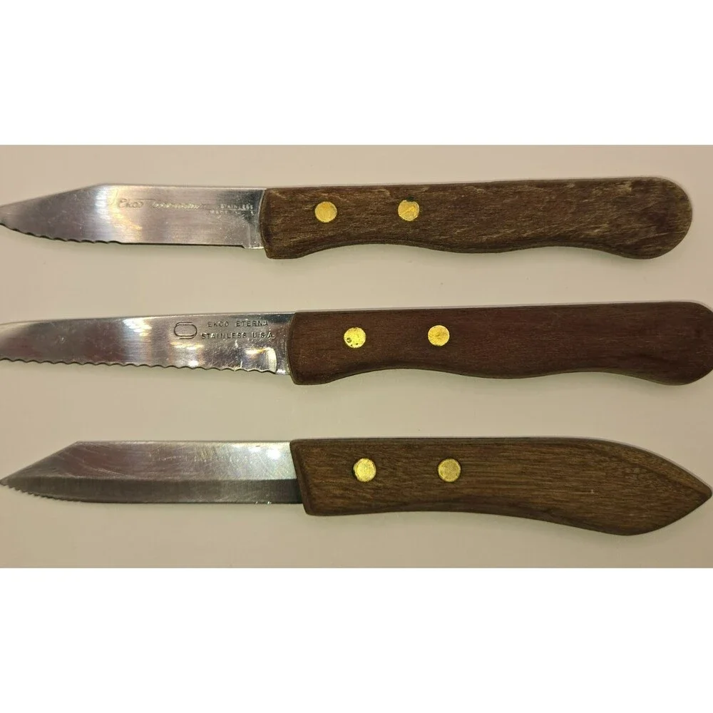 Vintage EKCO Knife Set (3) - Eterna & Vanadium Wood Handle Steak/Utility Knives